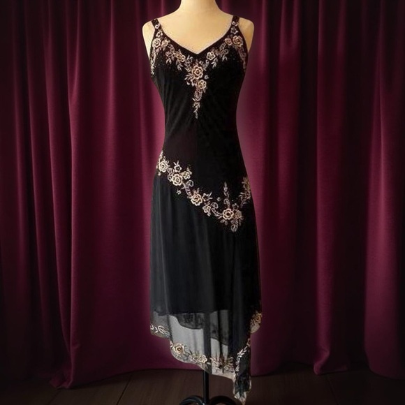 Vintage 90s Cache Black Beaded Slip Dress Asymmetrical Floral Midi Embroidered - Picture 1 of 10